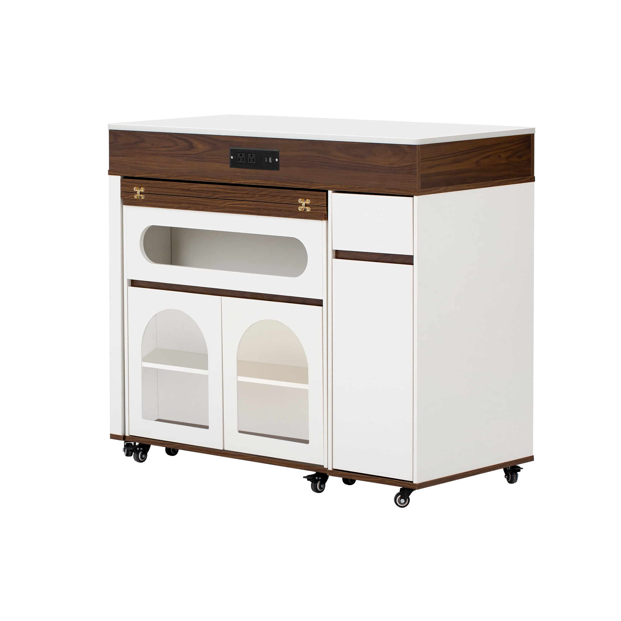 Table de salle à manger extensible Noble House TREXM avec plateau rabattable extra-long, îlot de cuisine roulant avec tiroirs (Noyer + Blanc crème)