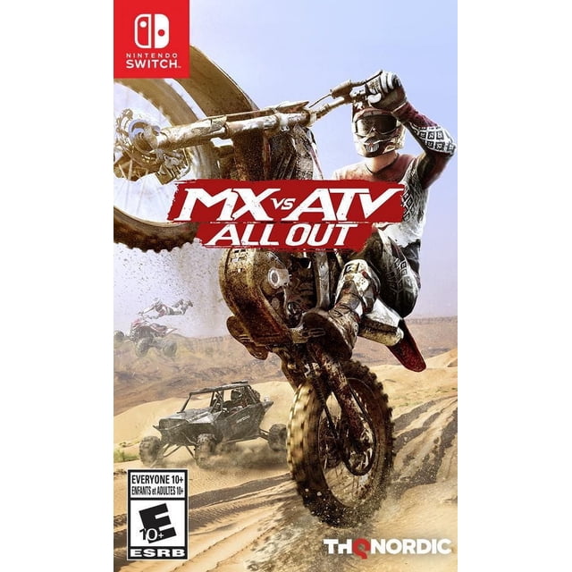 MX vs ATV All Out Nintendo Switch game cover showing a motocross rider performing a wheelie on a dirt bike in a sandy desert terrain with an off-road UTV and another rider in the background, featuring the Nintendo Switch logo and ESRB rating Everyone 10+.