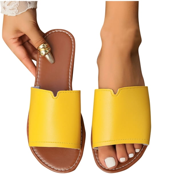 Flat Sandals for Women Slide Open Toe Solid Color Leather Non Slip Breathable Beach Summer Slide Sandals Yellow