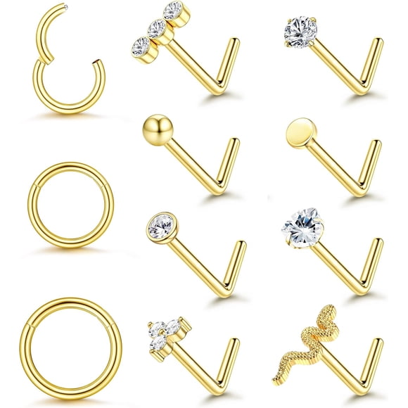 14K Gold Filled Nose Rings for Women 18G 20G Nose Rings Studs Hypoallergenic 316L Stainless Steel Round CZ Heart Snake Nostril Piercing Jewelry 6/8/10MM Hoop