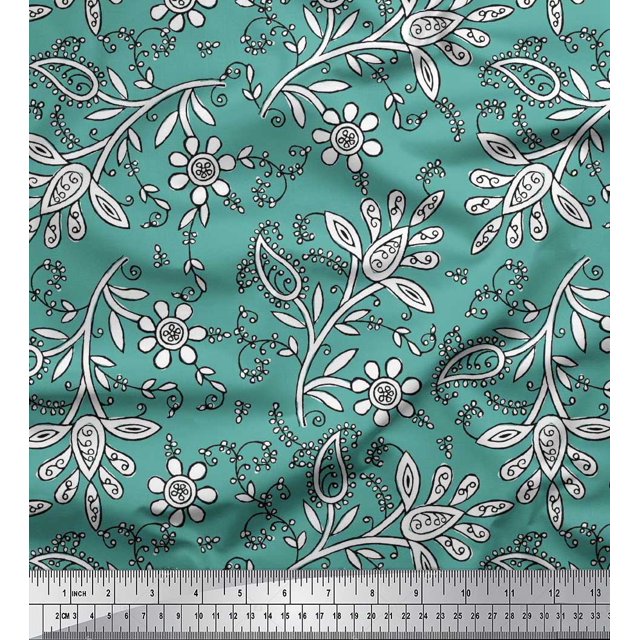 Soimoi Modal Satin Fabric Leaves & Floral Block Printed Fabric 1 Yard 42 Inch Wide