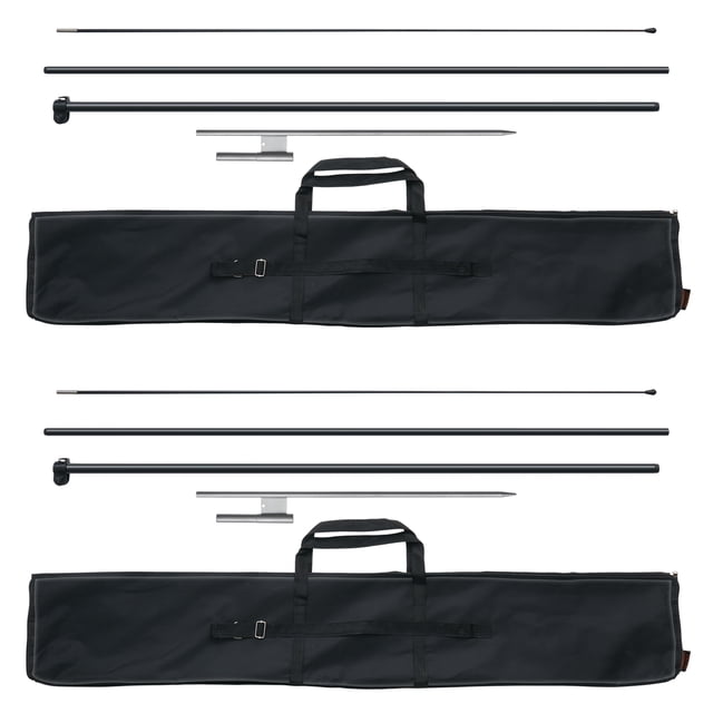 VEVOR Feather Flag Pole Kit 2 Packs Swooper Flag Pole 12.7 ft with Ground Stakes. The image displays two sets of lightweight flag poles made from aluminum alloy and fiberglass, two ground stakes, and two black storage bags with zippers and handles. The kit is ideal for outdoor advertising, featuring quick assembly and portability.