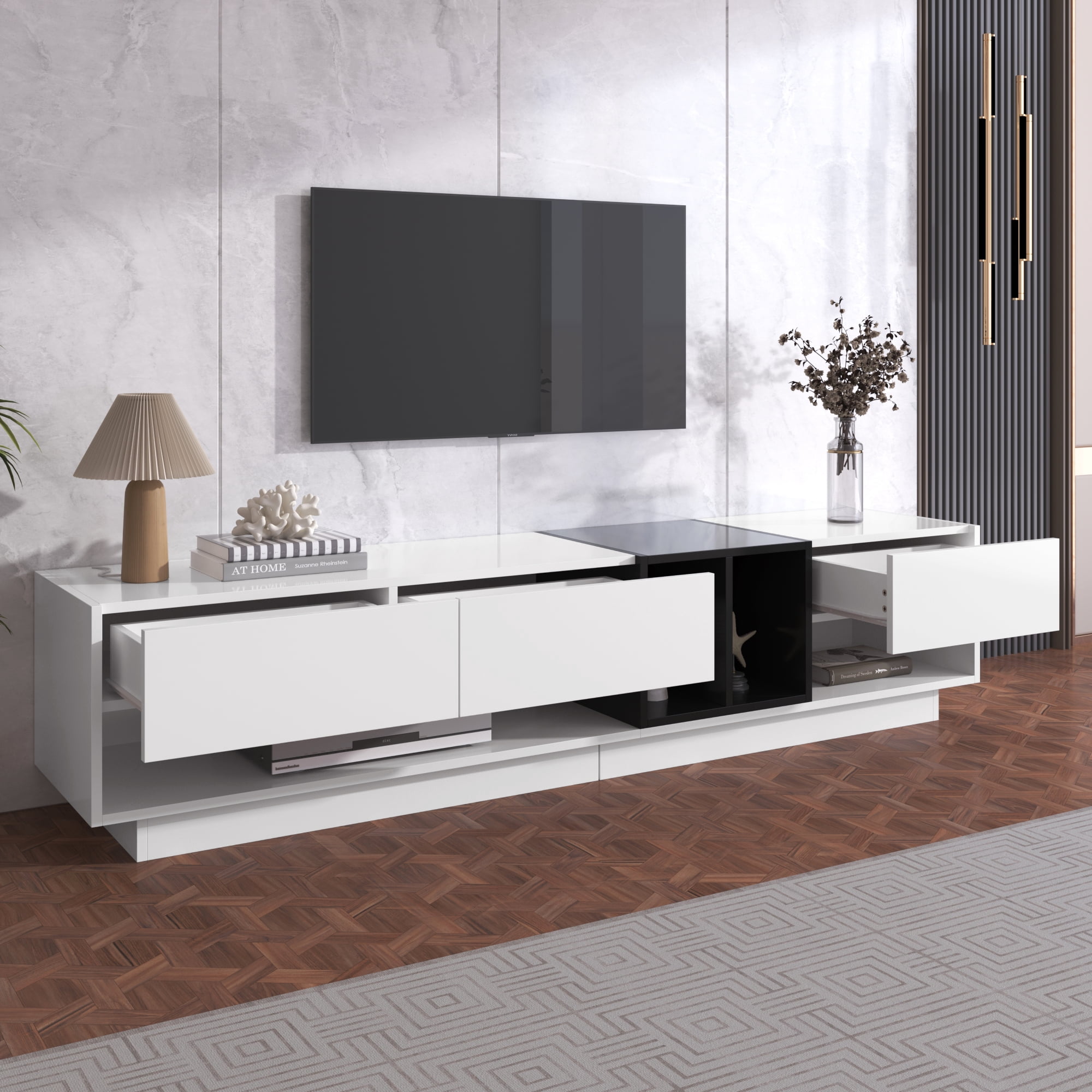 Noble House Meuble TV & Bas, Blanc Brillant & Noir à Blocs de Couleur, Rangement Multiple avec Tiroirs & Compartiments