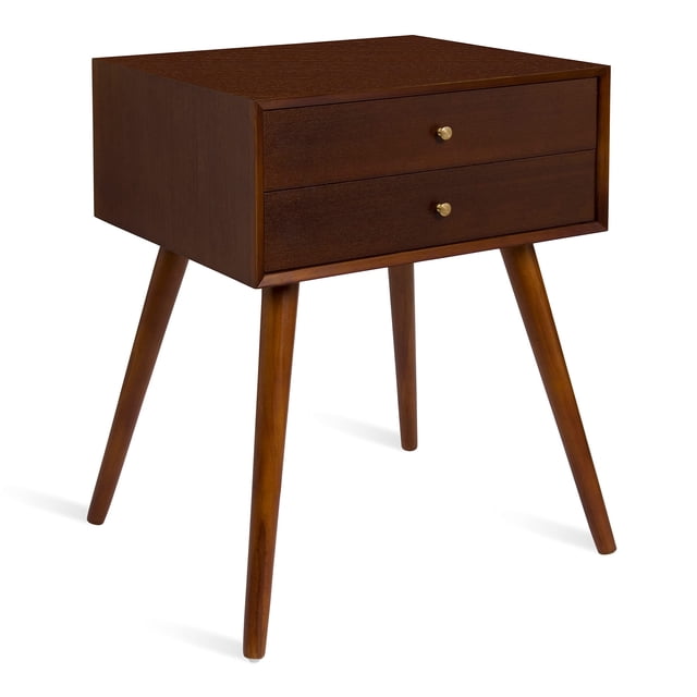Kate and Laurel Finco Midcentury Modern Style Side Table with 2 Drawers, Walnut Brown Finish with Brass Hardware