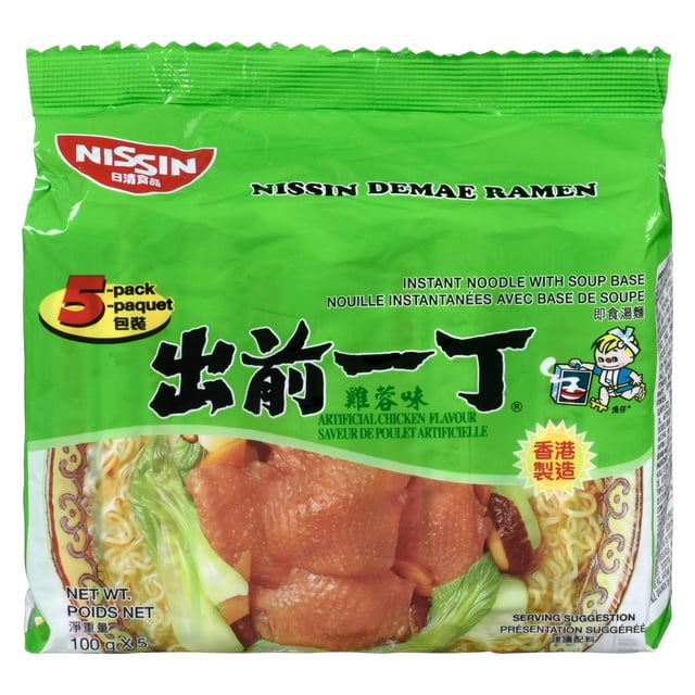 Nissin Instant Noodles Artificial Chicken Flavour 5-pack in green packaging featuring a serving suggestion of ramen noodles with artificial chicken and vegetables, labeled as instant noodle with soup base, net weight 100g x 5, suitable for quick meals and versatile preparation.