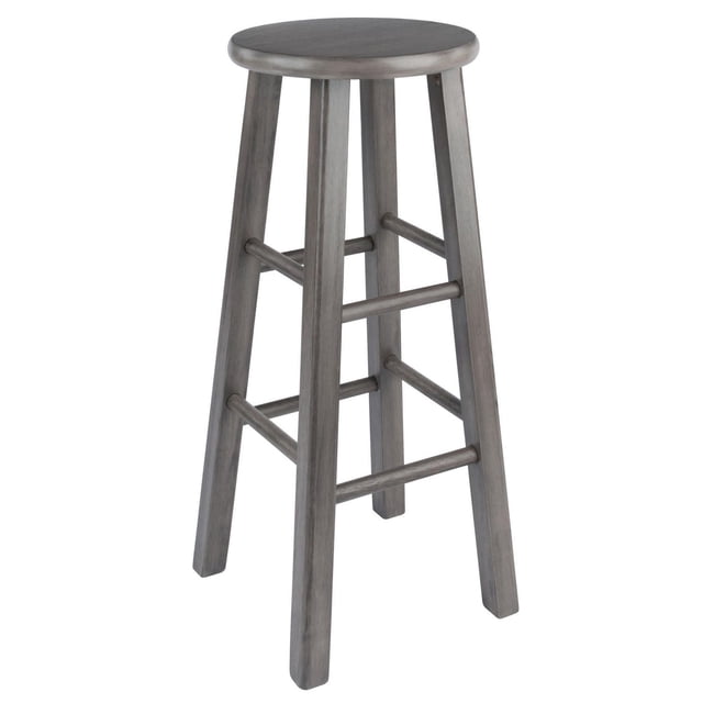 Winsome Ivy 29" Bar Stool Gray Finish with a 12.75-inch round solid wood seat, four square legs supported by high and low crossbars for stability, finished in soft rustic gray, suitable for kitchen or dining bar seating and often used as a side stand.