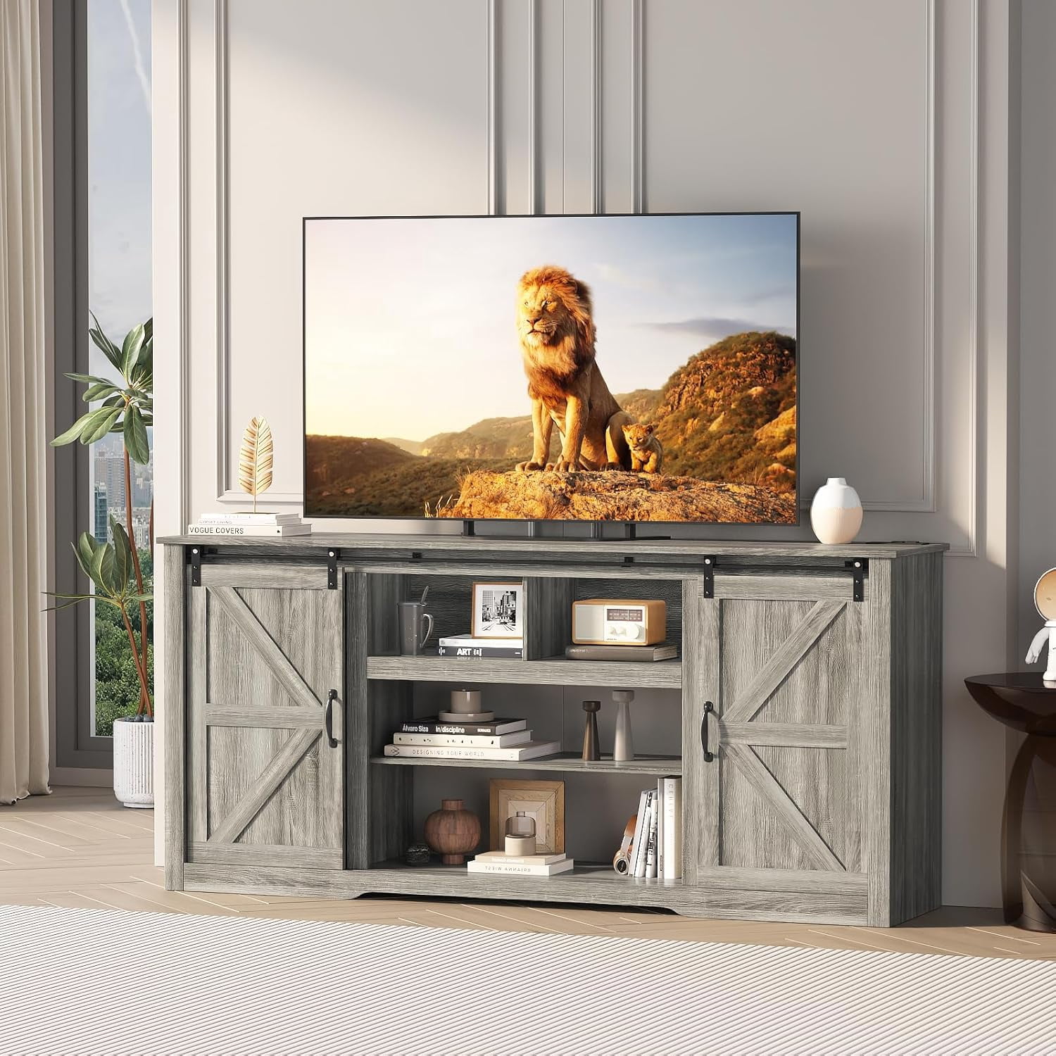 Farmhouse Large TV Stands 70", Entertainment Centre with Sliding Doors, Media TV Console Table with Charging Station, TV Cabinet for Home Living Room, Dark Grey