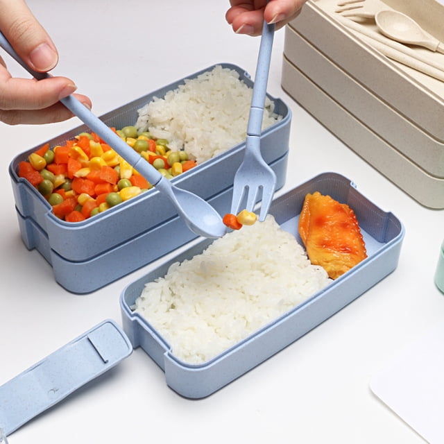Yhmxh Kitchen Gadgets Kitchen Essentials Stackable Bento Box,Lunch Box Kit With Spoon & Fork,3-In-1 Compartment Whea-t Straw Meal Prep Containers,Leakproof Stackable Bento Lunch Box Meal