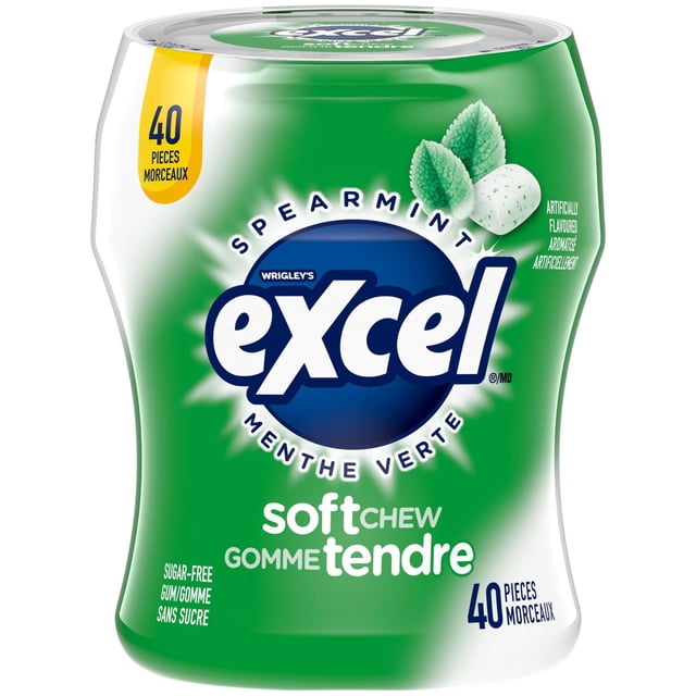 EXCEL Bouteille de Gomme à Mâcher Souple Sans Sucre Saveur Menthe Verte, Contenant 40 Pcs, avec Emballage Vert et Blanc avec le logo EXCEL et des Feuilles de Menthe Verte, Offrant un Rafraîchisseur d'Haleine Rafraîchissant et une texture à Mâcher Douce, Convenant à une Utilisation en Tout Temps.
