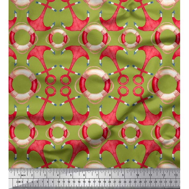 Soimoi Green Poly Georgette Fabric Life Ring & Anchor Hook Nautical Print Fabric by Yard 52 Inch Wide