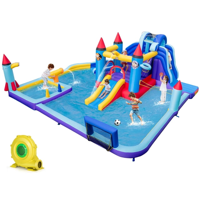 Costway Rocket Theme Inflatable Water Slide Park with 2 slides, splash pool, and 1100W blower. The multicolour inflatable playcenter features a rocket-themed design with a long slide, short slide, and a large jumping area surrounded by mesh walls for safety. Includes a water cannon, climbing wall, basketball hoop, soccer ball and volleyball gate, and ring-toss game for versatile play. Made of durable 420D Oxford cloth and PVC, it is suitable for children over 3 years old. The set comes with a carrying bag, repair kit, water hose, 9 ground stakes, and a 1100W blower for quick inflation. Dimensions: 218.5 x 197 x 85.5 inches.