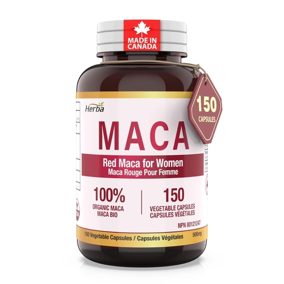 Herba Capsules de Maca Rouge Biologiques pour Femmes – 500 Mg, 150 Capsules / Fabriqué au Canada