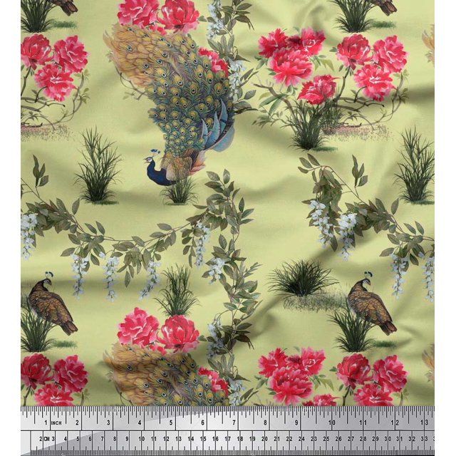 Soimoi Polyester Crepe Fabric Leaves,Floral & Peacock Bird Decor Fabric Printed Yard 42 Inch Wide