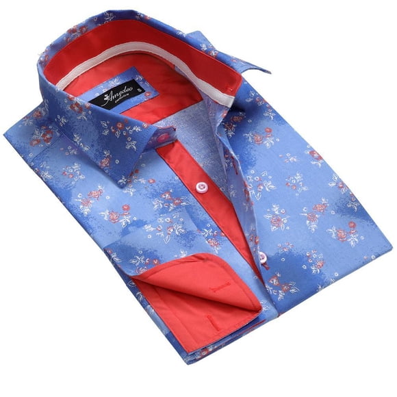 Amedeo Exclusive Blue Floral Mens Slim Fit French Cuff Dress Shirts with Cufflink Holes - Casual and Formal, Small