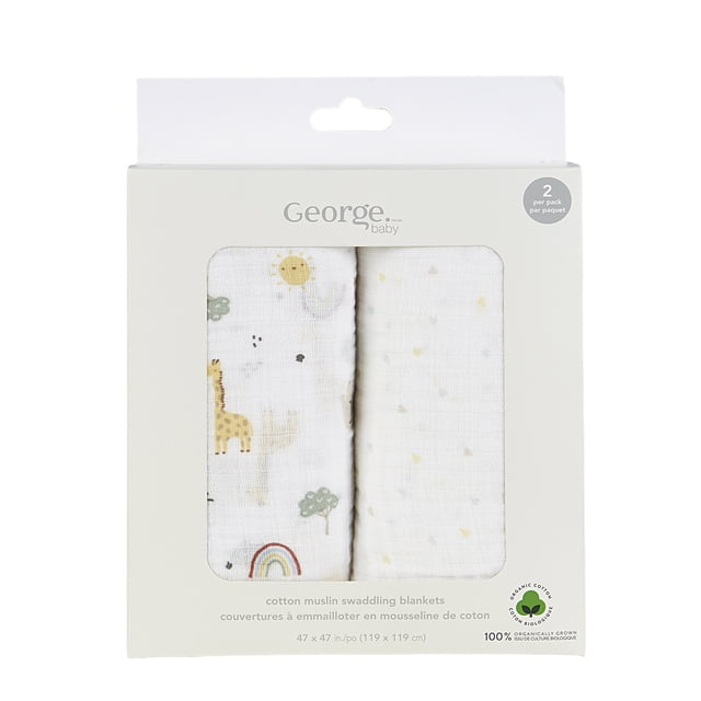 George Baby Neutral Boxed Organic Cotton Muslin Swaddling Blankets (2 Count).