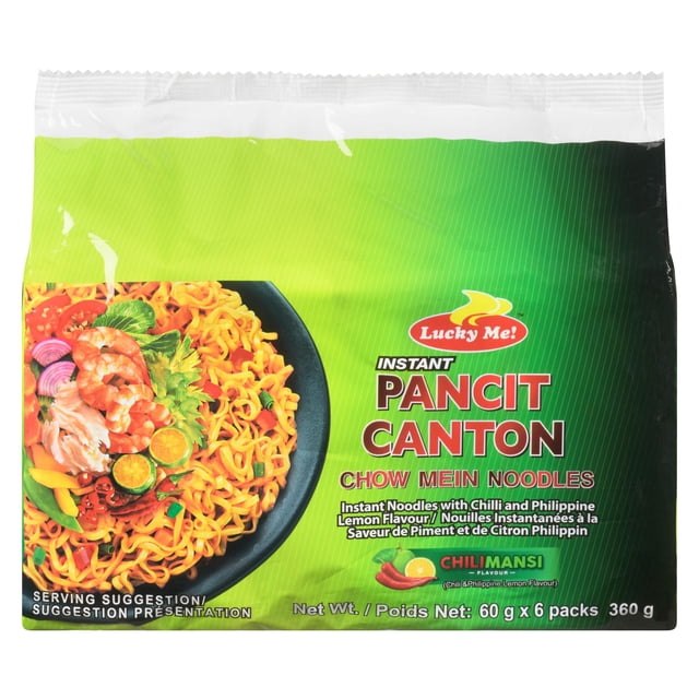 Lucky Me! Instant Pancit Canton Chili Calamansi Flavour Multipack containing six 60g packs of instant chow mein noodles with spicy chili and Philippine lemon flavor, displayed in green packaging with an image of noodles garnished with shrimp, calamansi slices, and vegetables, suitable for quick Southeast Asian-inspired meals.