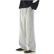 Men's Jeans Pants Casual Loose Wide Leg Solid Color Denim Trousers Elastic Waist Drawstring Comfortable Outdoor Pant Beige L