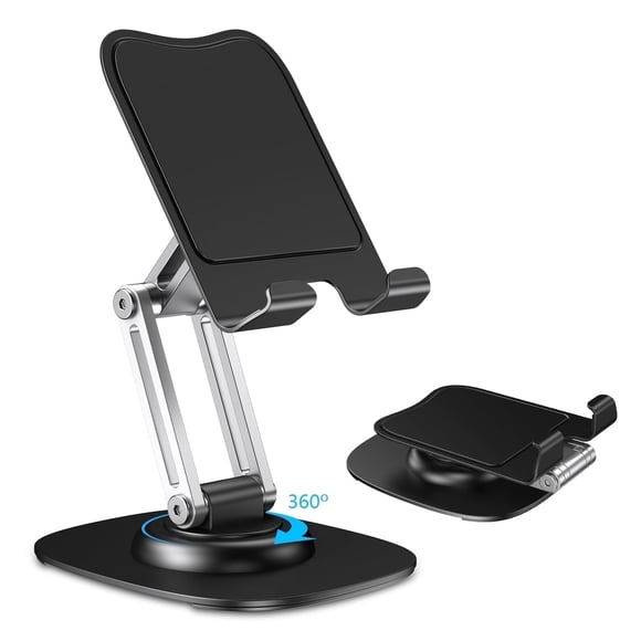 CreaDream Cell Phone Stand for Desk, Aluminum Phone Holder with 360 Rotating Metal Base, Foldable Desktop Holder Compatible with iPhone 16 15 14 13 Pro Samsung All 4.7-8 inch Phones