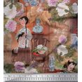 thumbnail image 1 of Soimoi Moss Georgette Fabric Flower Vase,Cat & Girl Human Figure Decor Fabric Printed Yard 42 Inch Wide, 1 of 3