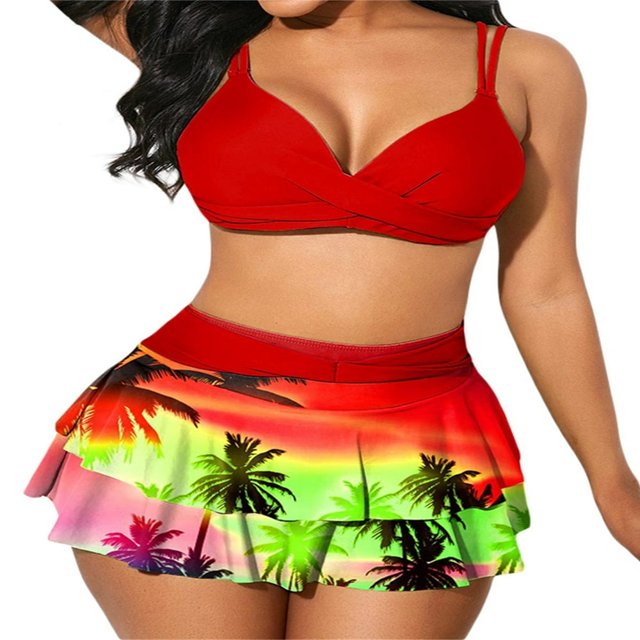MesaSe Women 2Pcs Swimsuit Set Solid Color Wrap Bikini Tops + Ruffle Skirt Bottom Set Beach Swimwear