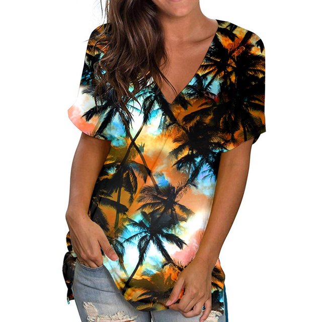 Hauts à Manches Courtes Grande Taille pour Femmes, T-Shirts à Col Rond Imprimé, Blouse Ample, T-Shirt Col en V pour Femmes en Liquidation