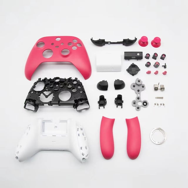 Replacement Shell Kit for Xbox Series X & S Controller, including a pink front shell, white back cover, black mid-frame, side rails, ABXY buttons, LT RT triggers, LB RB bumpers, and thumbsticks. Ideal for DIY customization, gaming accessories upgrades, and controller replacement parts. Designed for easy installation and enhanced durability.