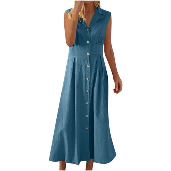 Amzcrzy Dresses for Women Solid Color Sleeveless Spring Dresses V Neck Button Summer Dress Comfortable Cotton Linen Dress Trendy Turndown Collar Maxi Dresses