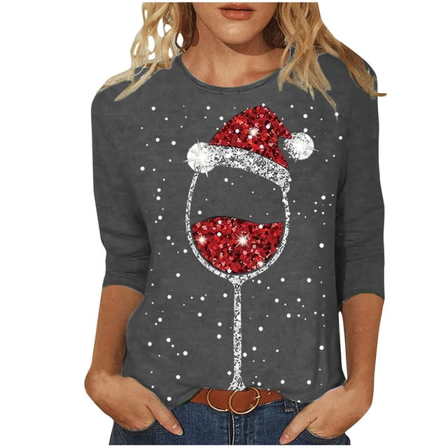 Hauts d'Été pour Femmes Noël Verre de Vin Rouge Imprimé Col Rond Manches Trois-Quarts T-Shirts pour Femmes Gris m