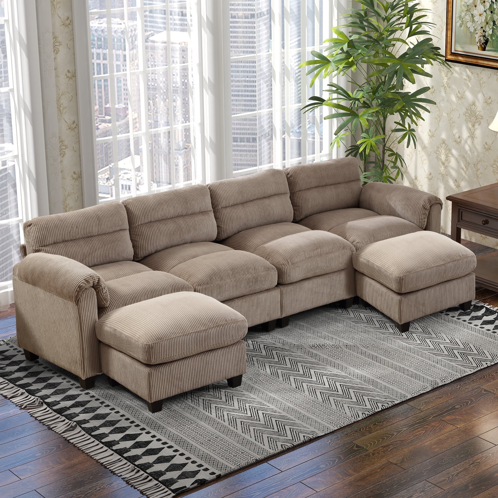 Bonzy Home Canapé Sectionnel Modulaire pour Salon Canapé en Forme de U avec Ottoman Brun