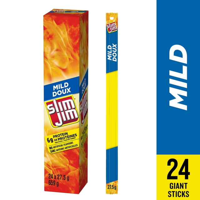 Slim Jim Sausage Protein Snack, Giant Slim®, Mild, 27.5 grams, showing a tall box with flame graphics and the Slim Jim logo, next to one individually wrapped mild meat stick in blue and yellow packaging, containing 6 grams of protein per stick and no artificial flavours, with 24 sticks totaling 659 grams, ideal for quick school or on-the-go snacks.