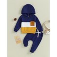 thumbnail image 2 of Faithtur Toddler Boy Autumn Clothes Contrast Color Patchwork Long Sleeve Hoodies Solid Color Pants 2Pcs Outfit, 2 of 9