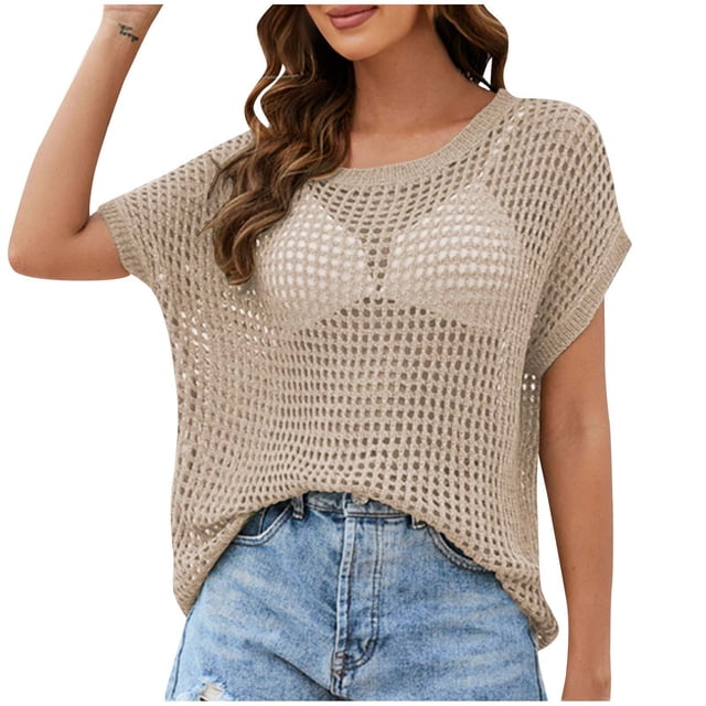 Yuyuzo Hauts Crochet pour Femmes Manches Courtes Chemises d'Été Col Rond Chandail Ajouré