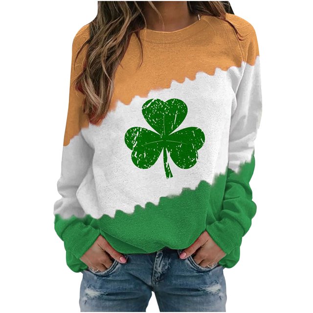 Penkiiy Chandails à Manches Longues de la Saint-Patrick pour Femmes, T-Shirt à Manches Longues à Col Rond Imprimé de la Saint-Patrick pour Femmes, Chandail Blouse Hauts 3TG Vert