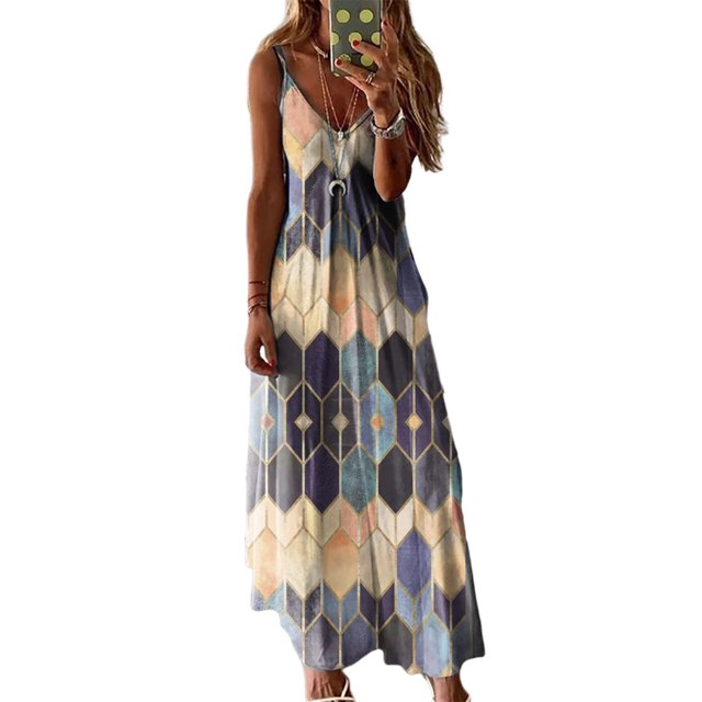 Nouveau Décontractée en Vrac Géométrique Impression Fronde Jupe Grande Taille Gilet Plage Longue Robe