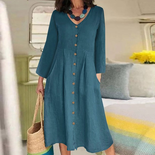 Gspmoly Robes d'Été pour Femmes, Mode Femmes Robe à Col en V Uni à Manches Longues Boutonnée Décontractée Longueur Genou Robes Formelles pour Femmes Économies