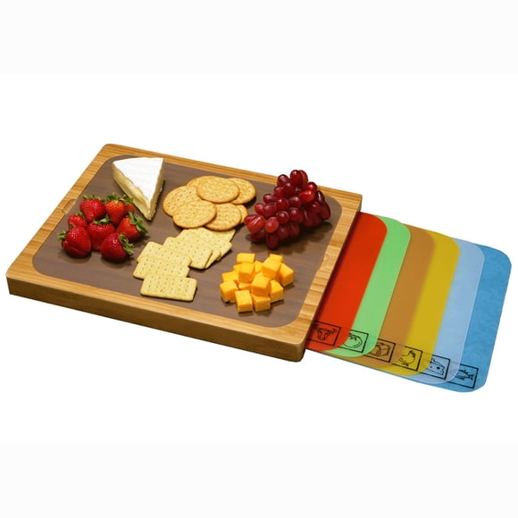 Seville Classics Bamboo Premium Wood Cutting Board Serving Tray w/ 7 Color-Coded BPA-Free Mats, for Chopping Bread, Cheese, Fruits, Vegetables, Meats, Charcuterie (Patent