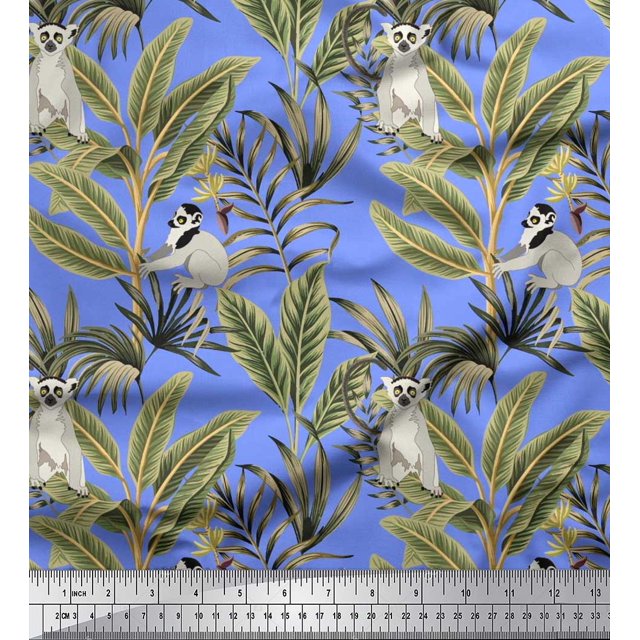 Soimoi Cotton Cambric Fabric Leaves & Lemur Animal Printed Fabric 1 Yard 56 Inch Wide