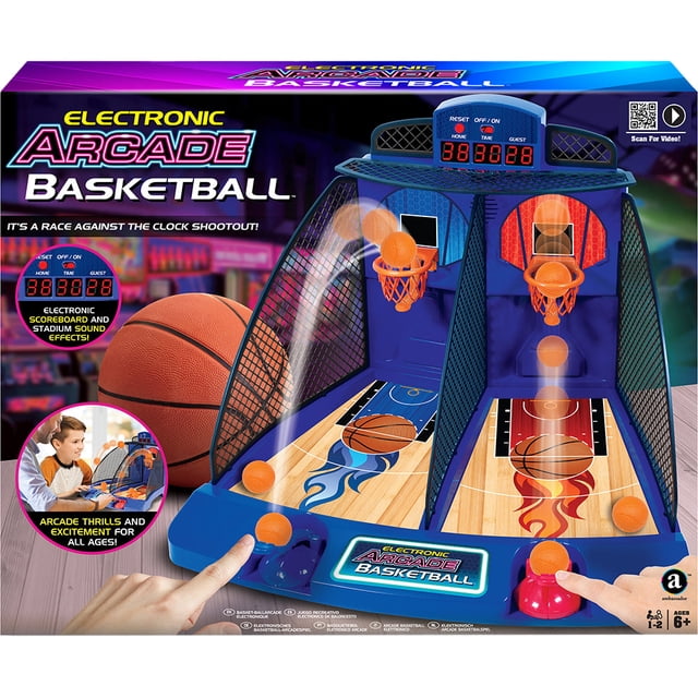Electronic Arcade Basketball game with dual-player setup, featuring two basketball hoops, LED scoreboard with home and guest scores, and vibrant arcade-style design. Includes spring-powered basketball launchers, stadium sound effects, and a 60-second countdown timer. Ideal for ages 6 and up.