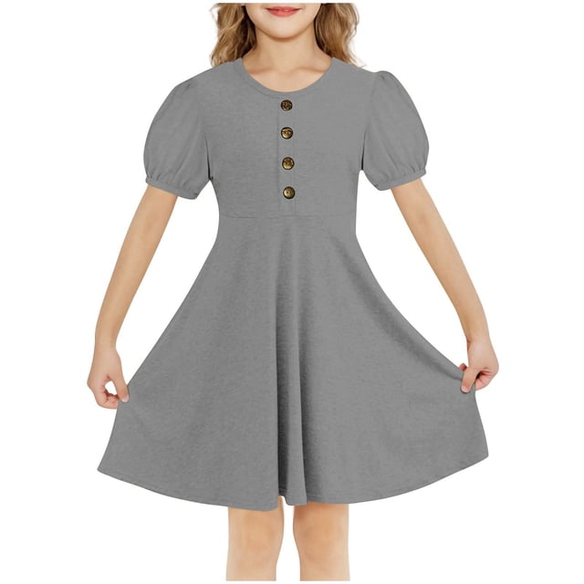 RXIRUCGD 2025 Vêtements d'Été pour Enfants Filles Robe d'Été Couleur Unie Col Rond Manches Courtes Robe Décontractée et Confortable pour Adultes