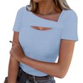 thumbnail image 2 of Lenpel T Shirts for Women Fashion Summer Short Sleeve Cutout Ribbed Knit Solid Color Slim Basic Tees Going out Tops, 2 of 7