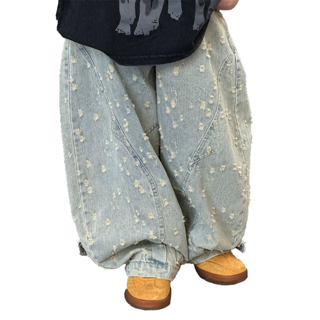 Jeans Droits Amples pour Garçons avec Poches - Polyester/coton, Taille Élastique, Design Vieilli