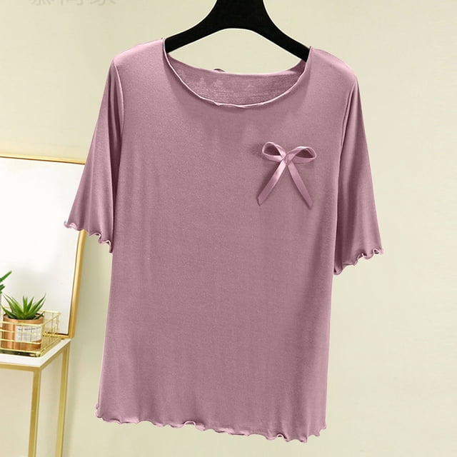 Jusqu'à 30 % de Réduction, Chemise à Col Rond pour Femmes, Couleur Unie, Couche Intérieure Fine, Haut de Pyjama Décontracté, Manches Courtes, Base à Domicile, Vêtements de Nuit Confortables Amusants et Flirts/20 % Coton, 40 % Polyester, Violet