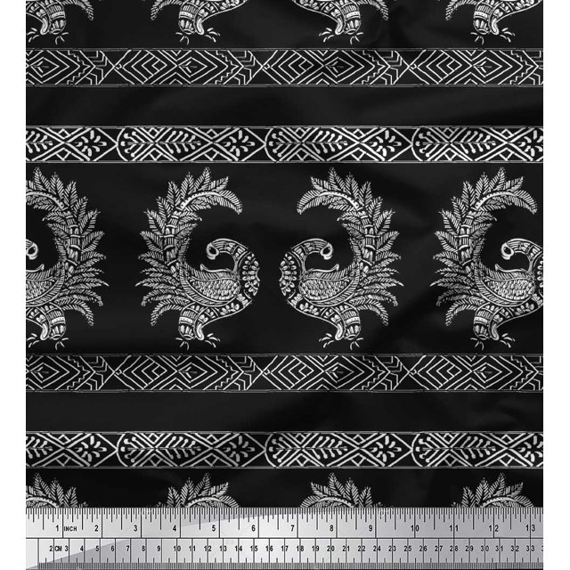 Soimoi Satin Silk Fabric Peacock Block Printed Fabric 1 Yard 42 Inch Wide