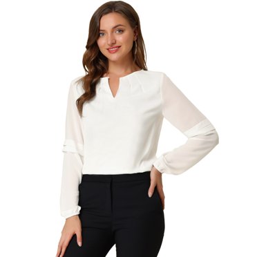 INSPIRE CHIC Women's Work Office Long Sleeves Keyhole Neck Elegant Blouse Top White S