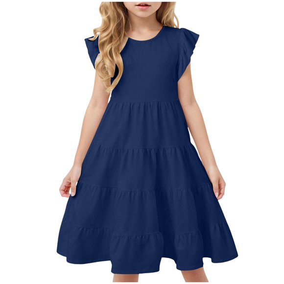 Ketyyh-chn99 Tween Girls Summer Dresses Spaghetti Strap Princess Dresses Girls Summer Dresses Double Layer Flutter Sleeve Flowy A Line Casual Midi Dresses Size for 6-7 Years,Navy