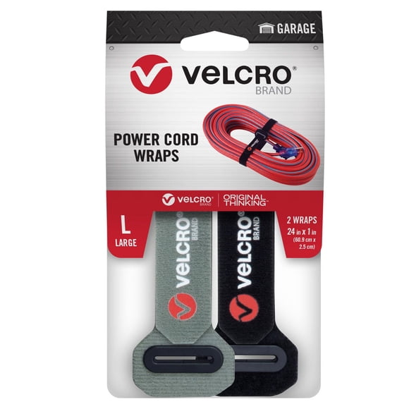 VELCRO Brand Power Cord Wraps 24in x 1in. black and grey with black slotted grommet. 2ct. 6/24