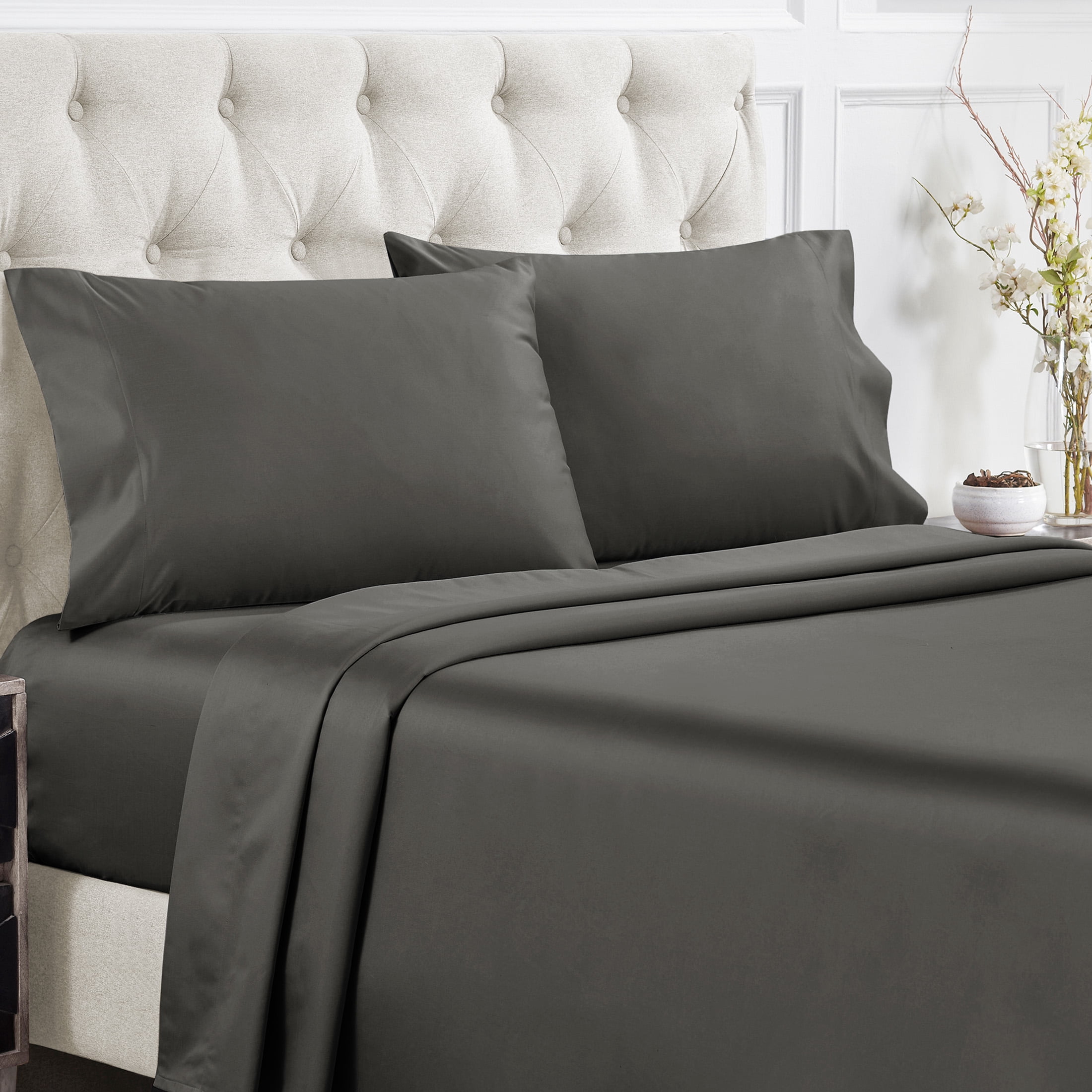 California Design Den Ensembles de Draps, Draps 100 % Coton Naturels, Ensemble de Draps de Luxe Doux en Satin 400 Fils, Draps Rafraîchissants à Poches Profondes
