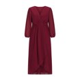 thumbnail image 3 of cfhntfmh Robes d'Invitée de Mariage pour Femmes en Mousseline Confortable à Manches 3/4 Robe Tendance d'Automne Fluide à Col en V Robe de Sortie pour Fête, 3 of 5