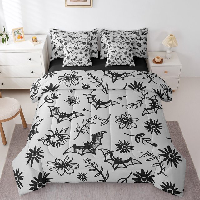 Erosebridal Cartoon Bat Bed in a Bag Full size, Halloween Bed Set, Boho Botanical Decor, Reversible 7pcs