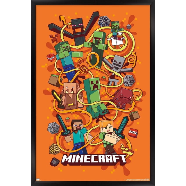 Minecraft - Funtage Wall Poster, 22.375" x 34", featuring pixelated Minecraft characters including Steve and Alex holding swords, Creepers, Zombies, Skeleton, Enderman, Pig, and Ghast on an orange background with swirling yellow lines and Minecraft blocks like TNT and ores, printed on glossy poster paper with a black frame, suitable for bedroom or office wall décor.